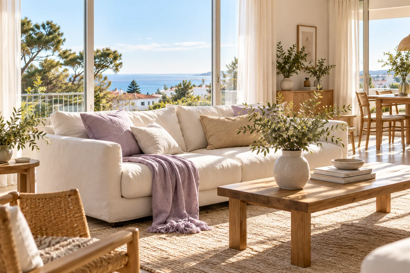 Sala luminosa com um sofá de linho, madeira natural e apontamentos lilás