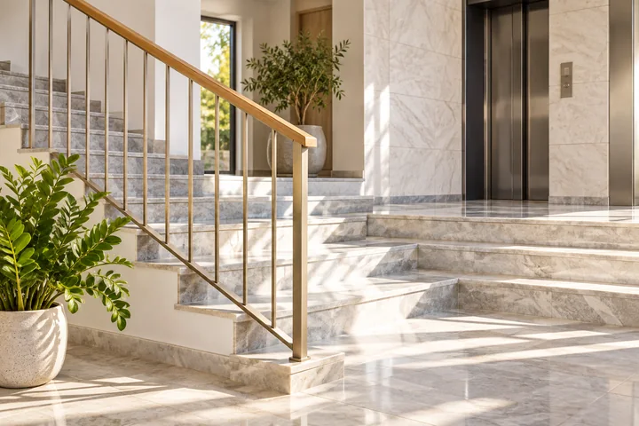 Escadas de um prédio com degraus e corrimão limpos